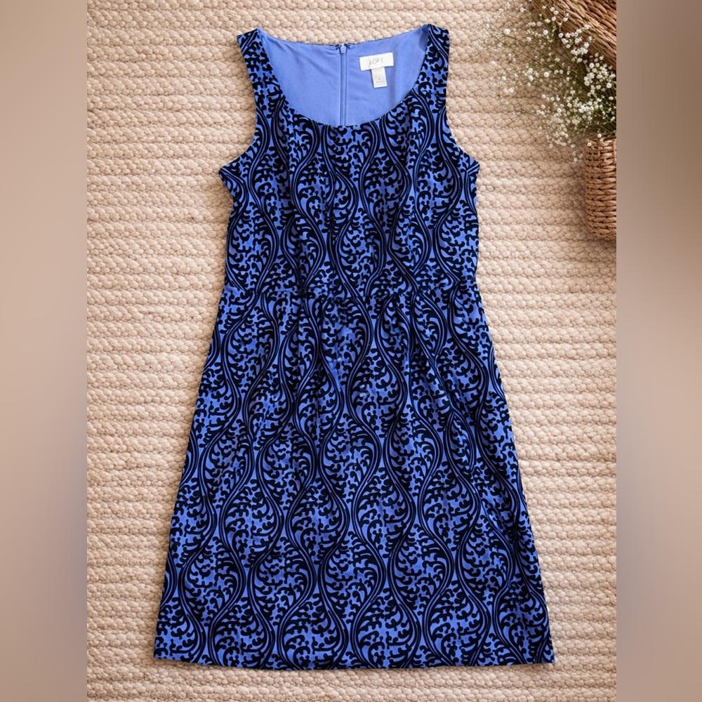 LOFT Blue and Black Patterned Sleeveless Midi Dress